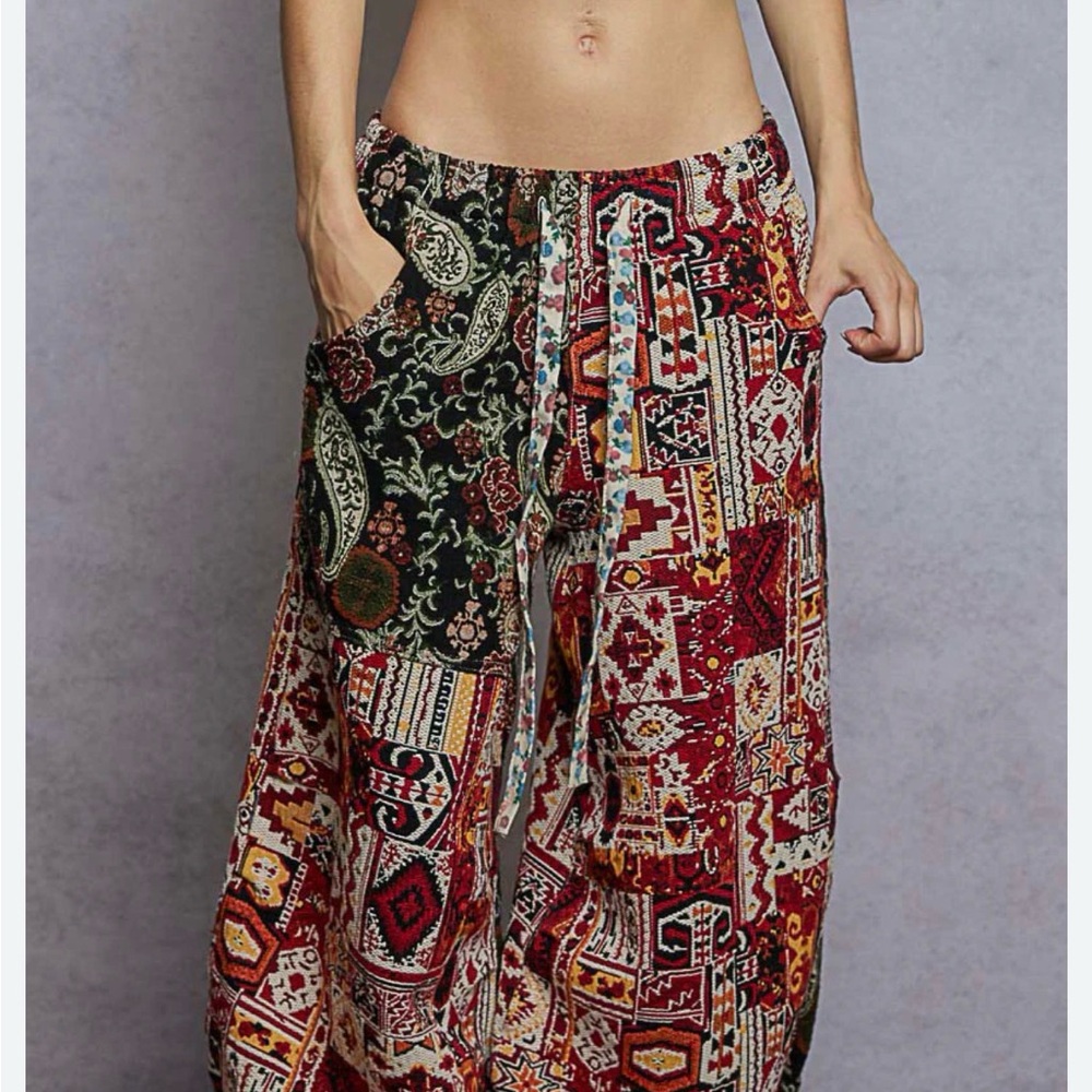 POL Boho Patchwork Wide-Leg Pants in Red, Black, Green
